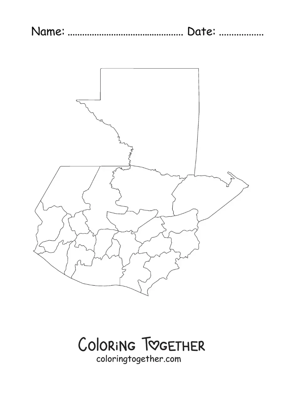 Coloring page of a political map of Guatemala