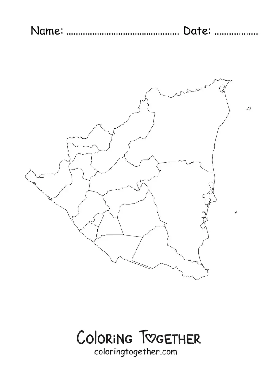 Coloring page of a political map of Nicaragua