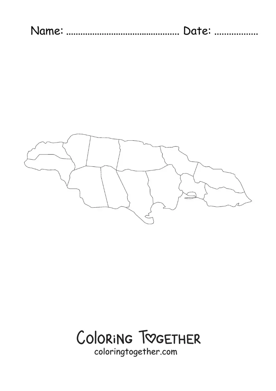 Coloring page of a political map of Jamaica