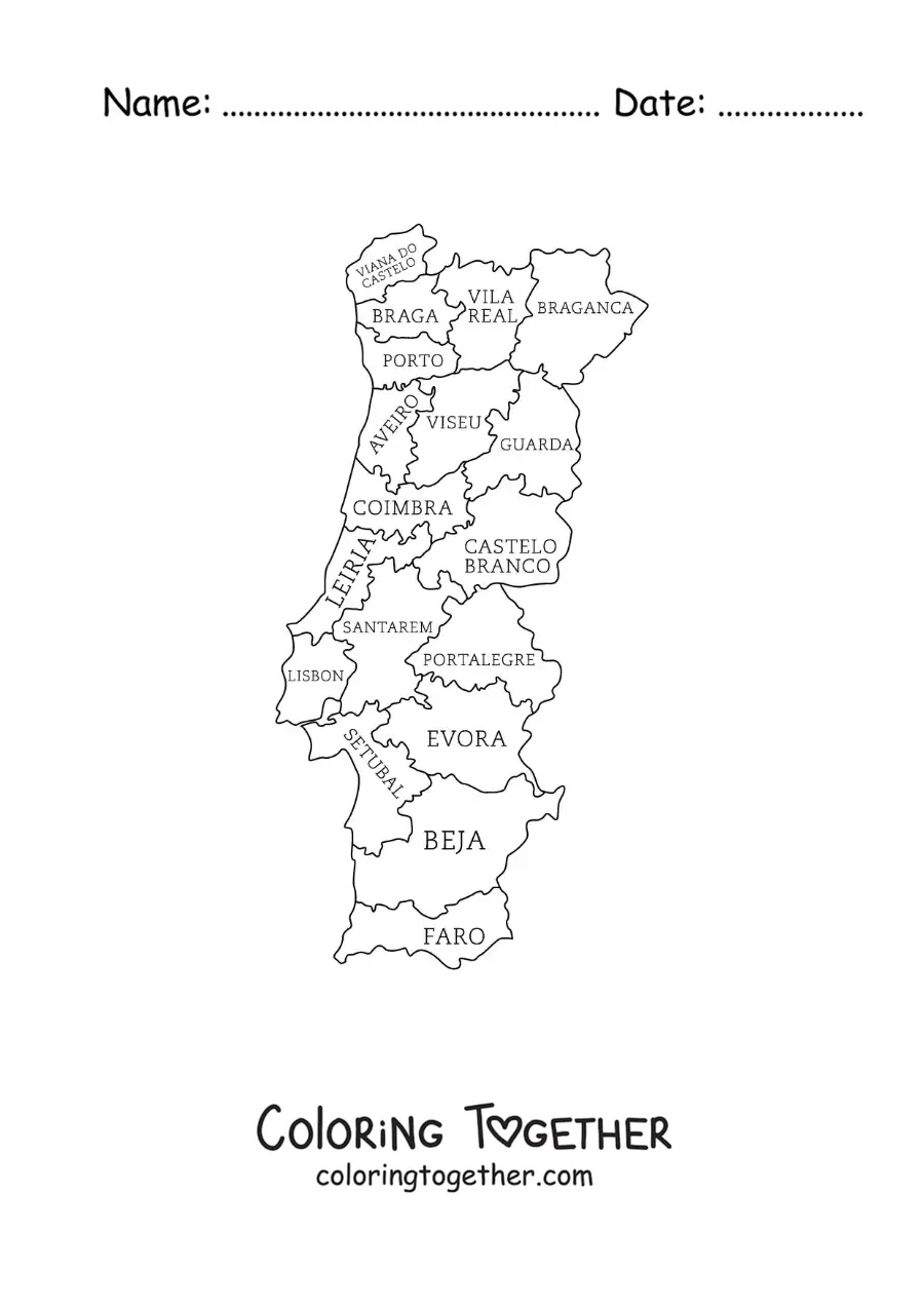Coloring page of a political map of Portugal with names