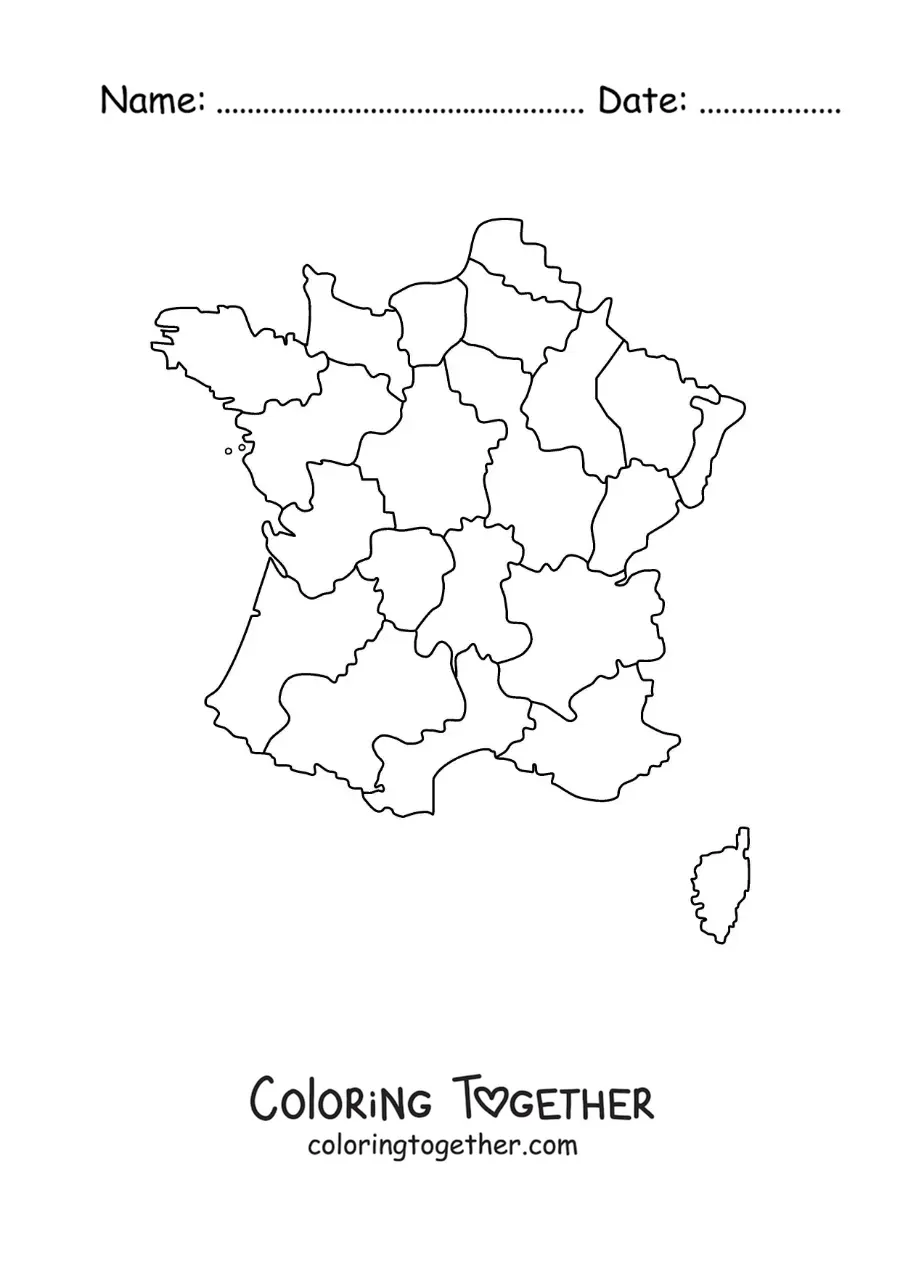 Coloring page of a political map of France