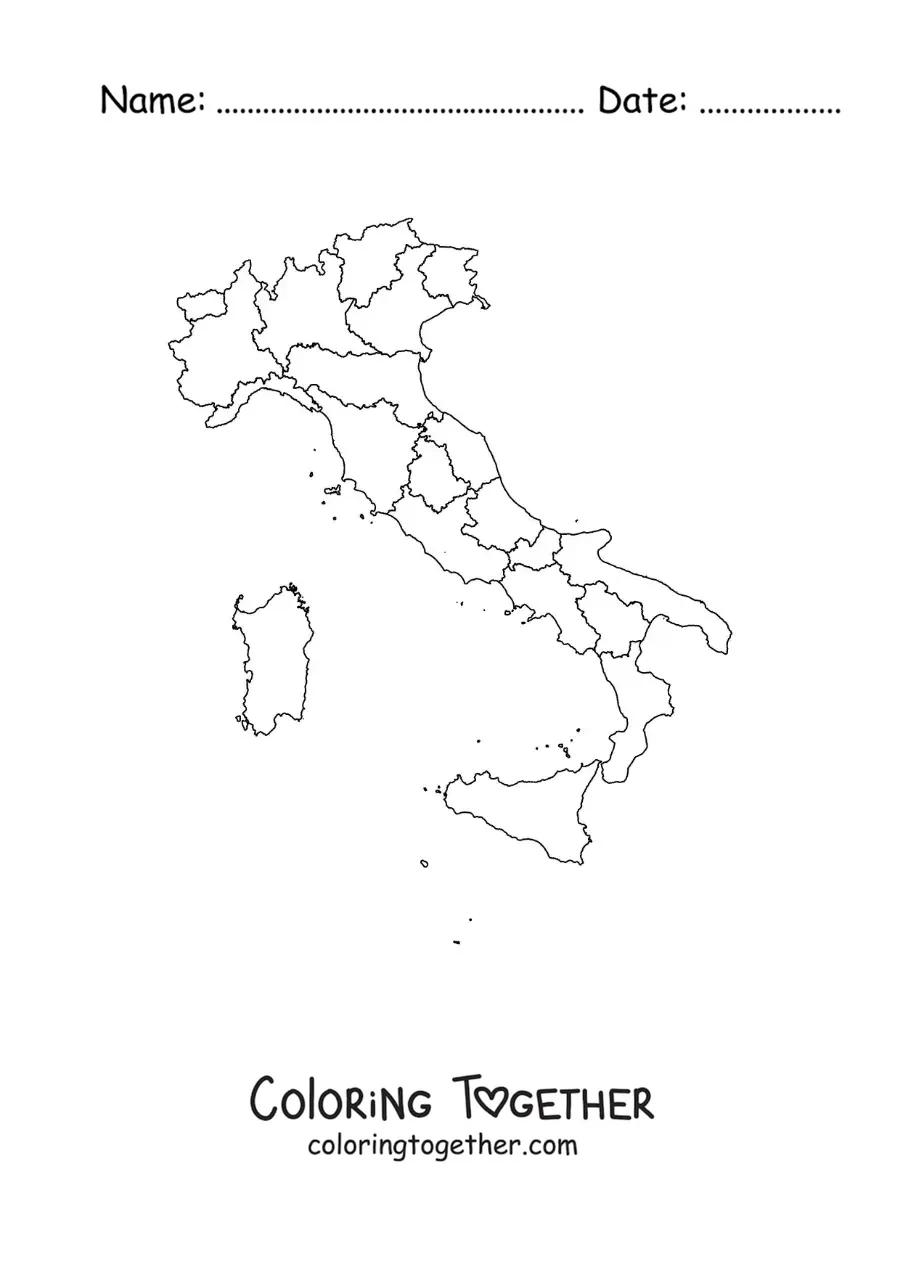 Coloring page of a political map of Italy