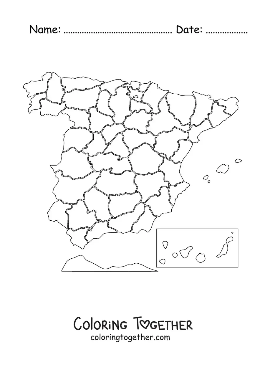 Coloring page of a political map of Spain