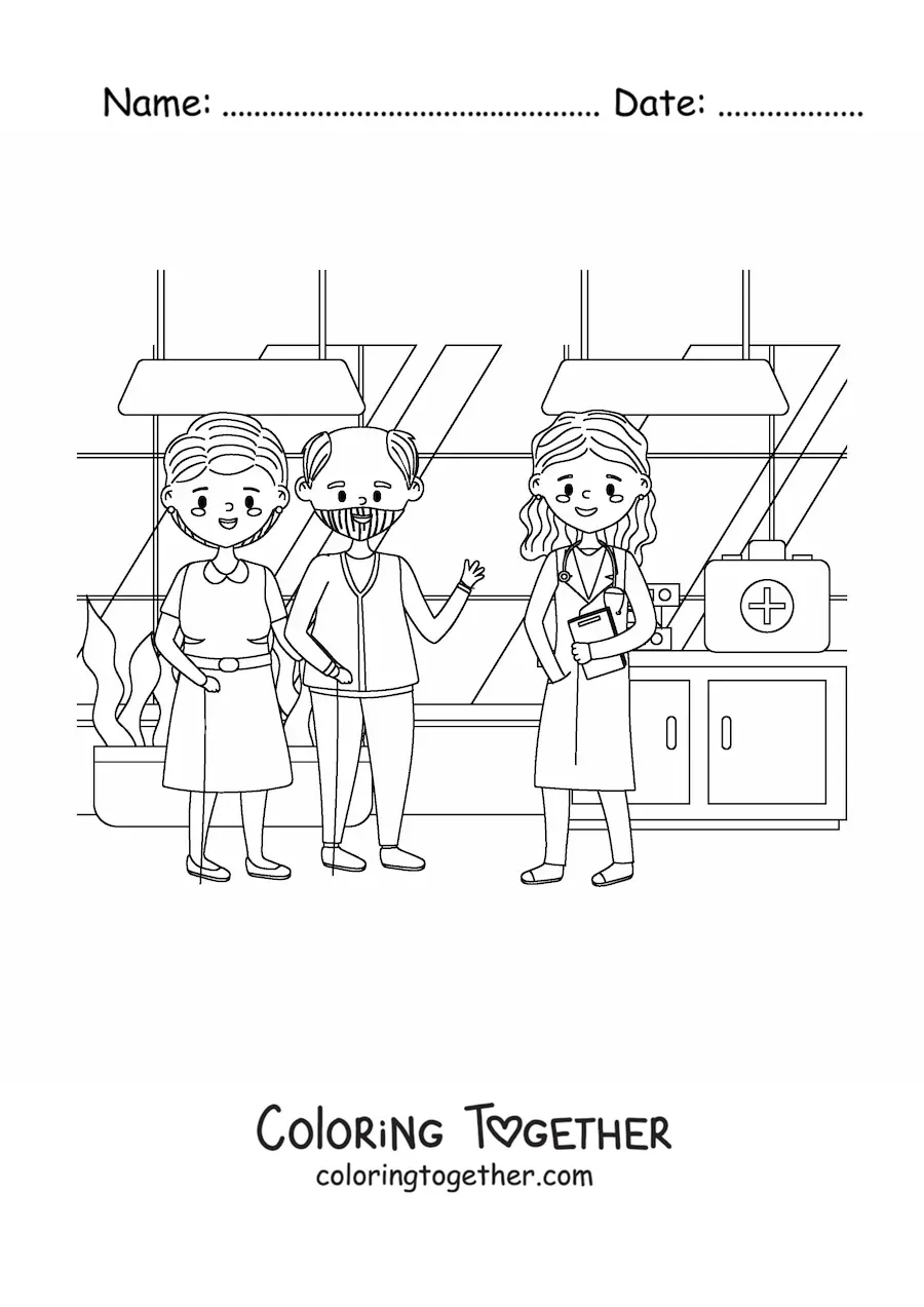 Coloring page of a female doctor and two older patients in a medical office