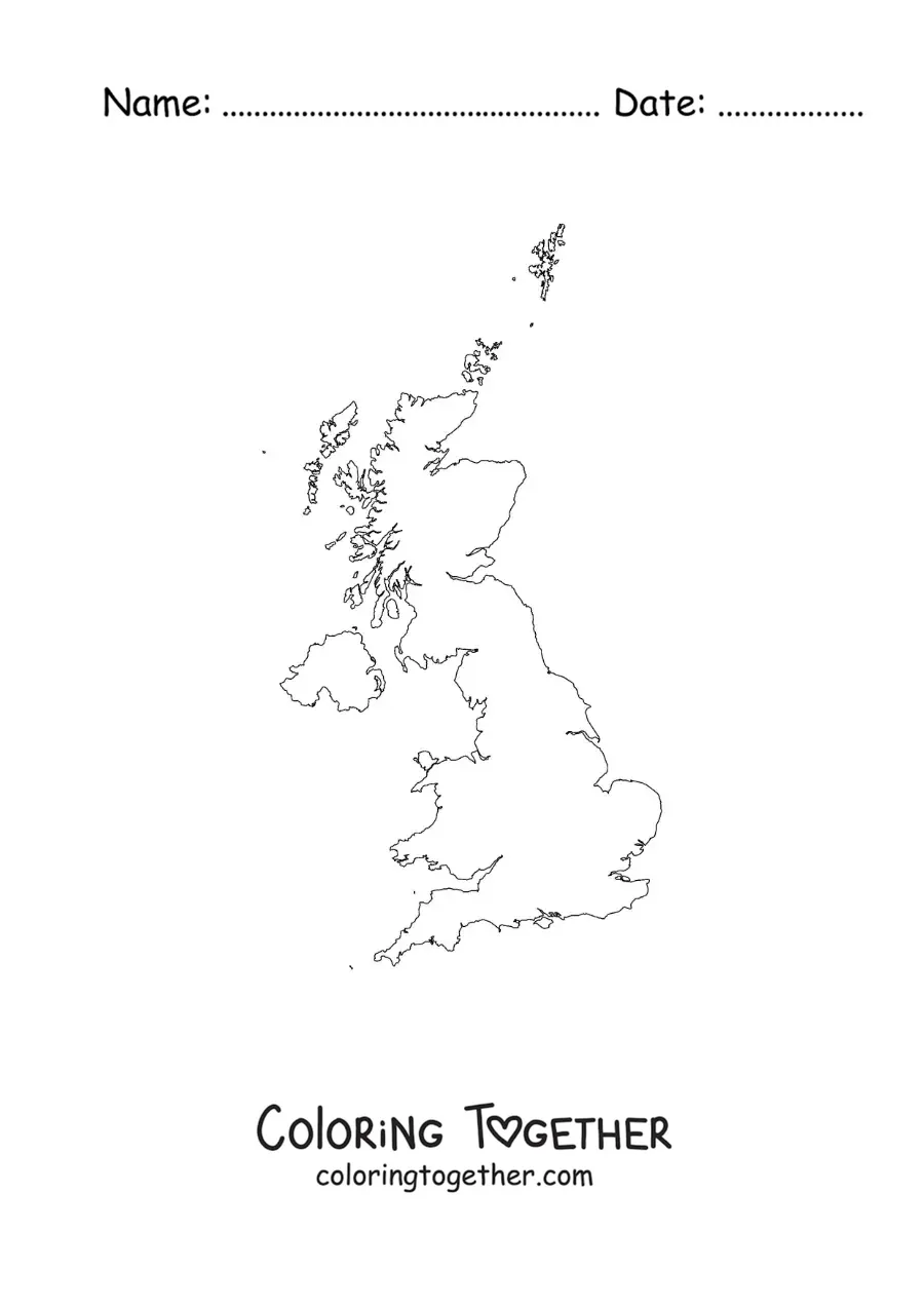 Coloring page of a political map of the United Kingdom