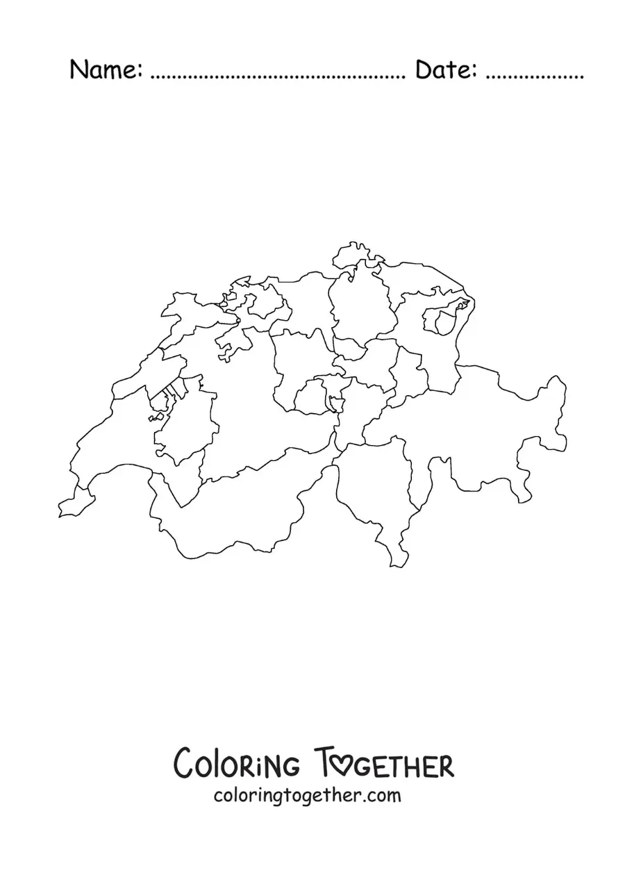 Coloring page of a political map of Switzerland