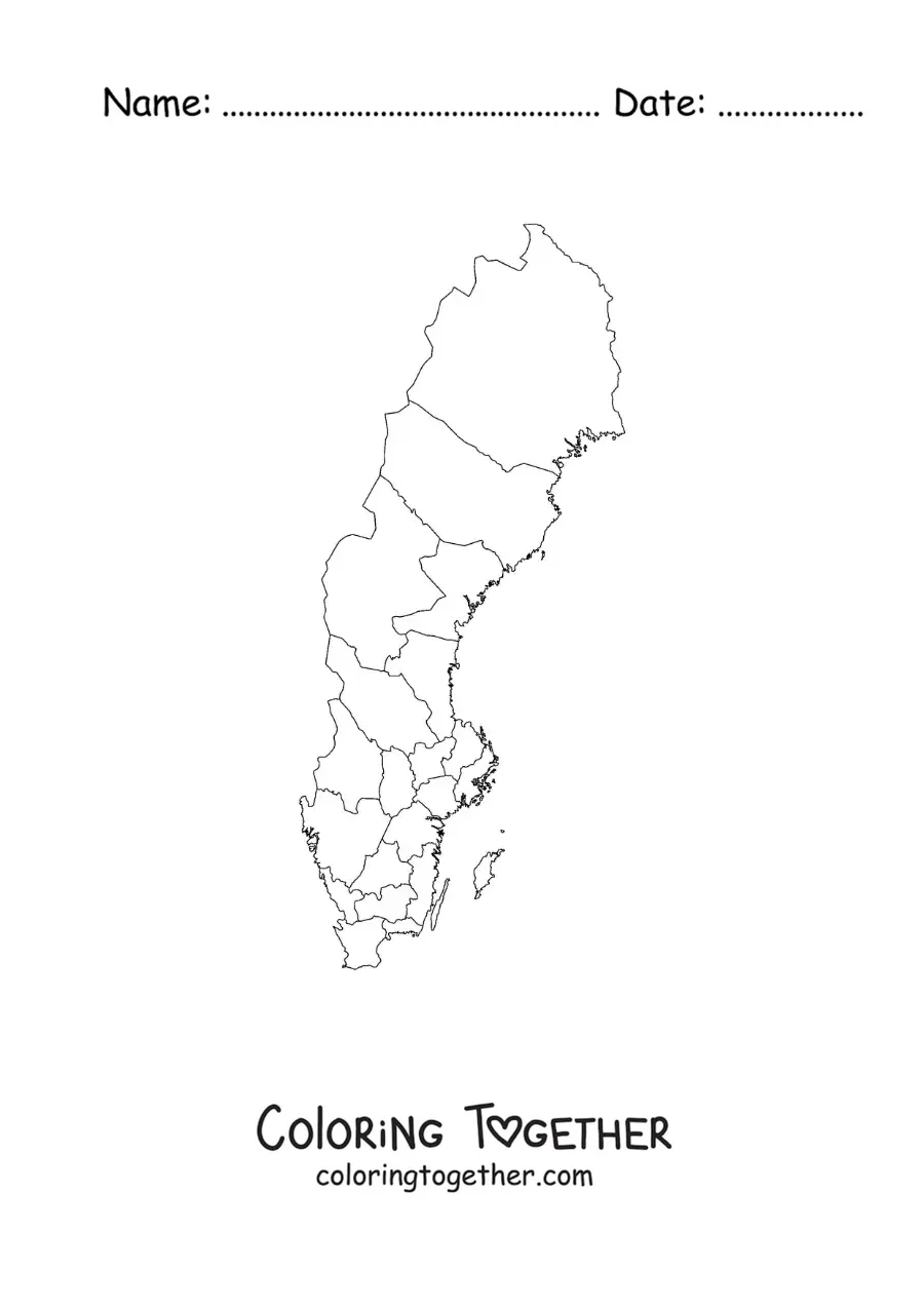 Coloring page of a political map of Sweden