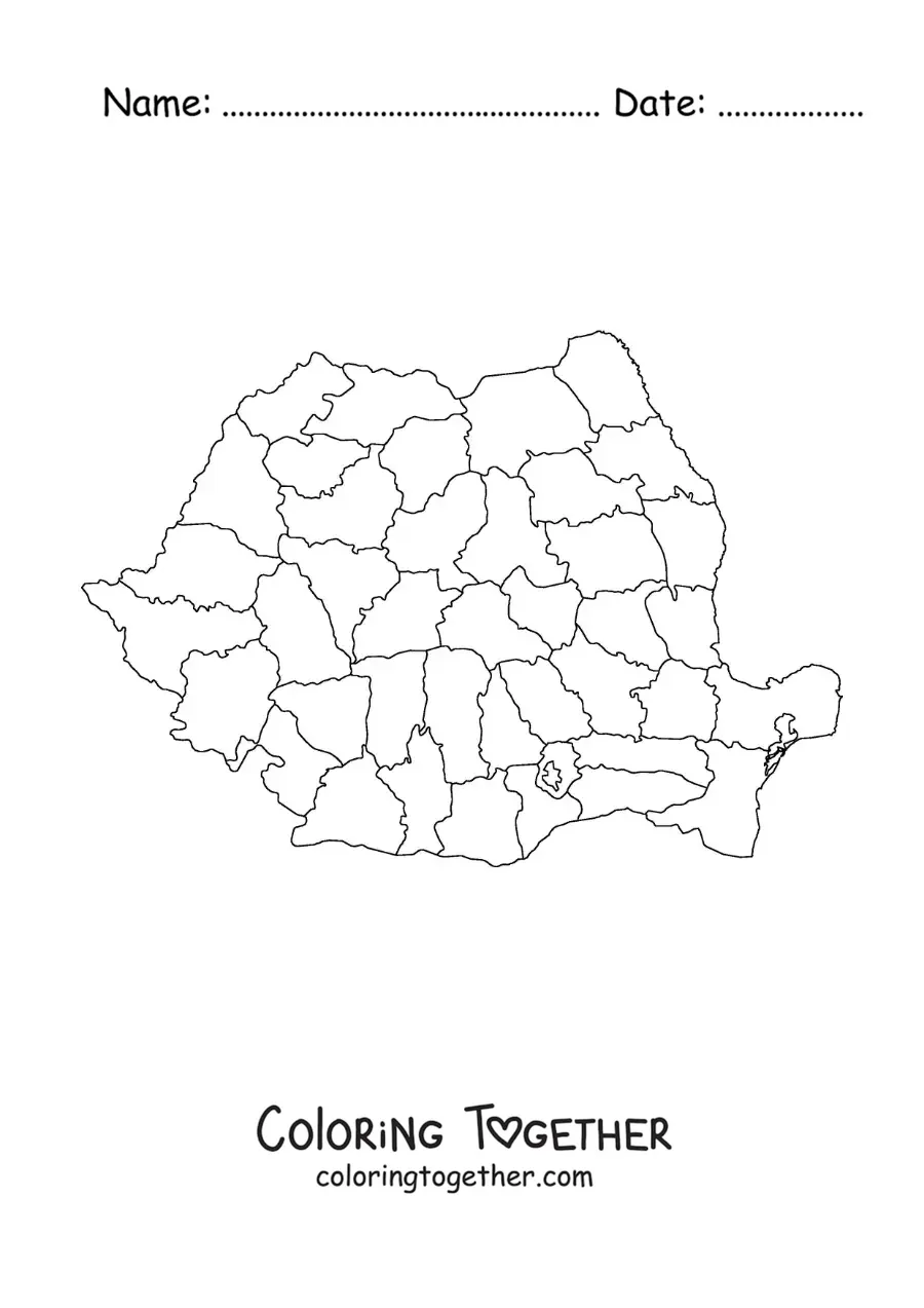 Coloring page of a political map of Romania