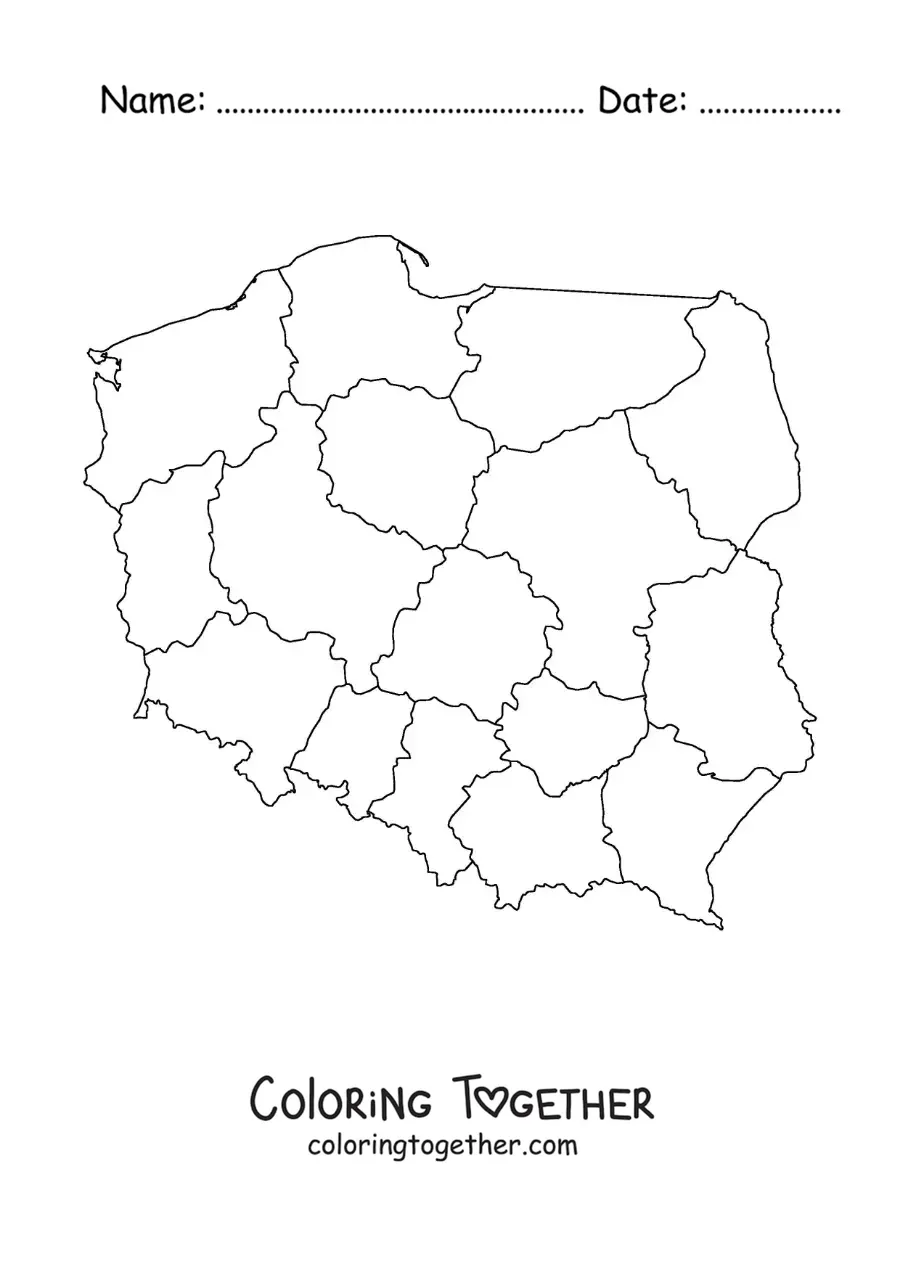 Coloring page of a political map of Poland