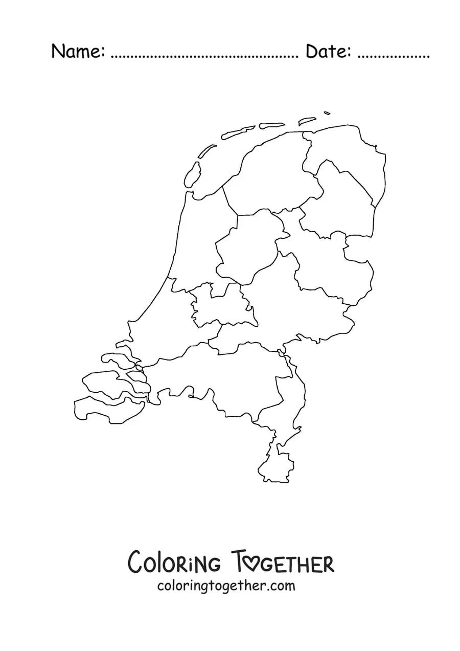 Coloring page of a political map of the Netherlands