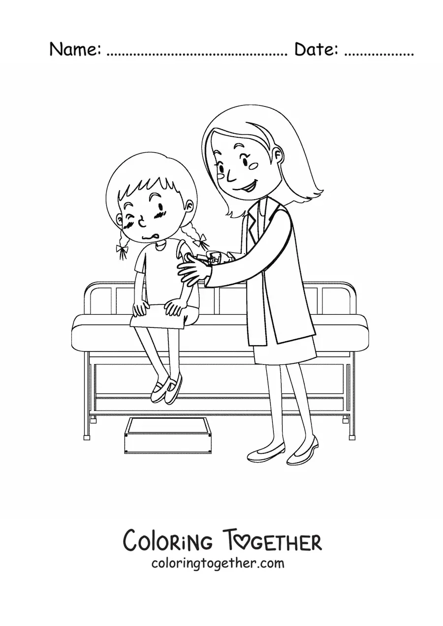 Coloring page of a pediatrician giving a girl an injection