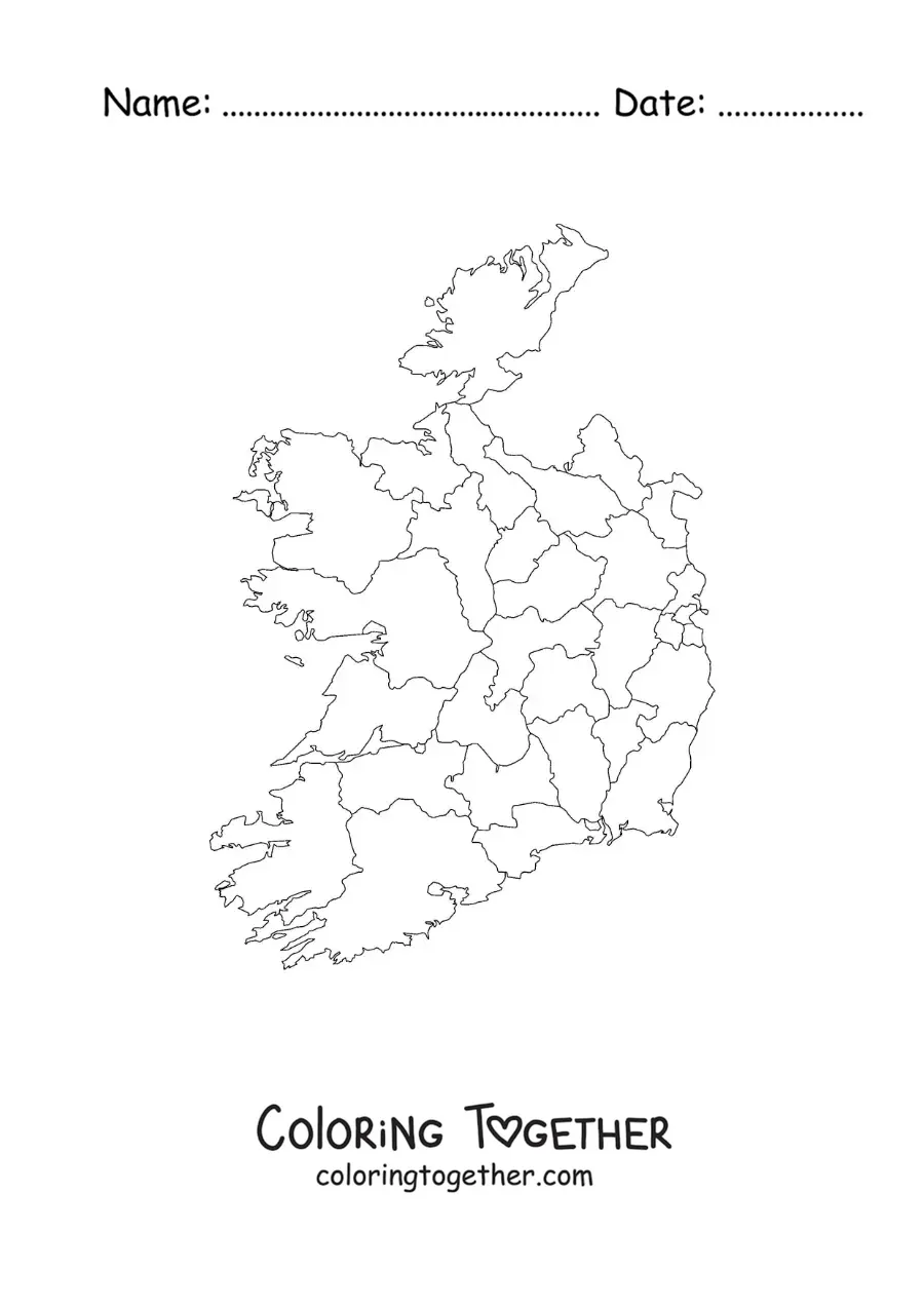 Coloring page of a political map of Ireland