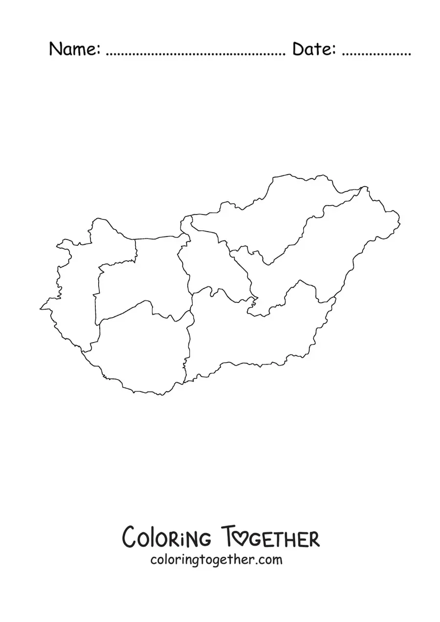 Coloring page of a political map of Hungary