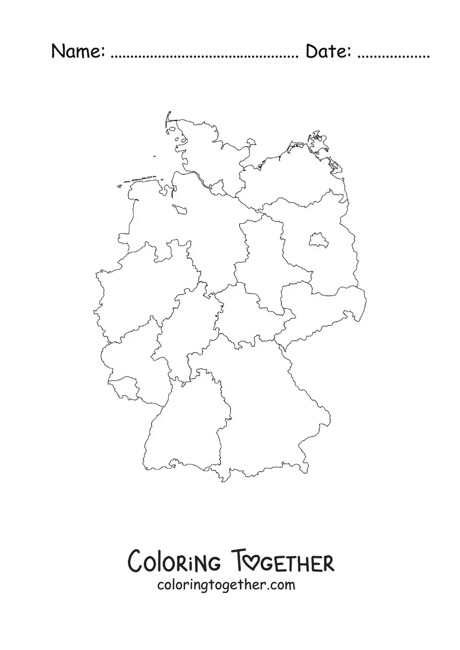 Coloring page of a political map of Germany