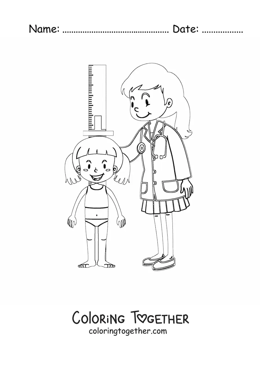 Coloring page of a pediatrician measuring a girl's height