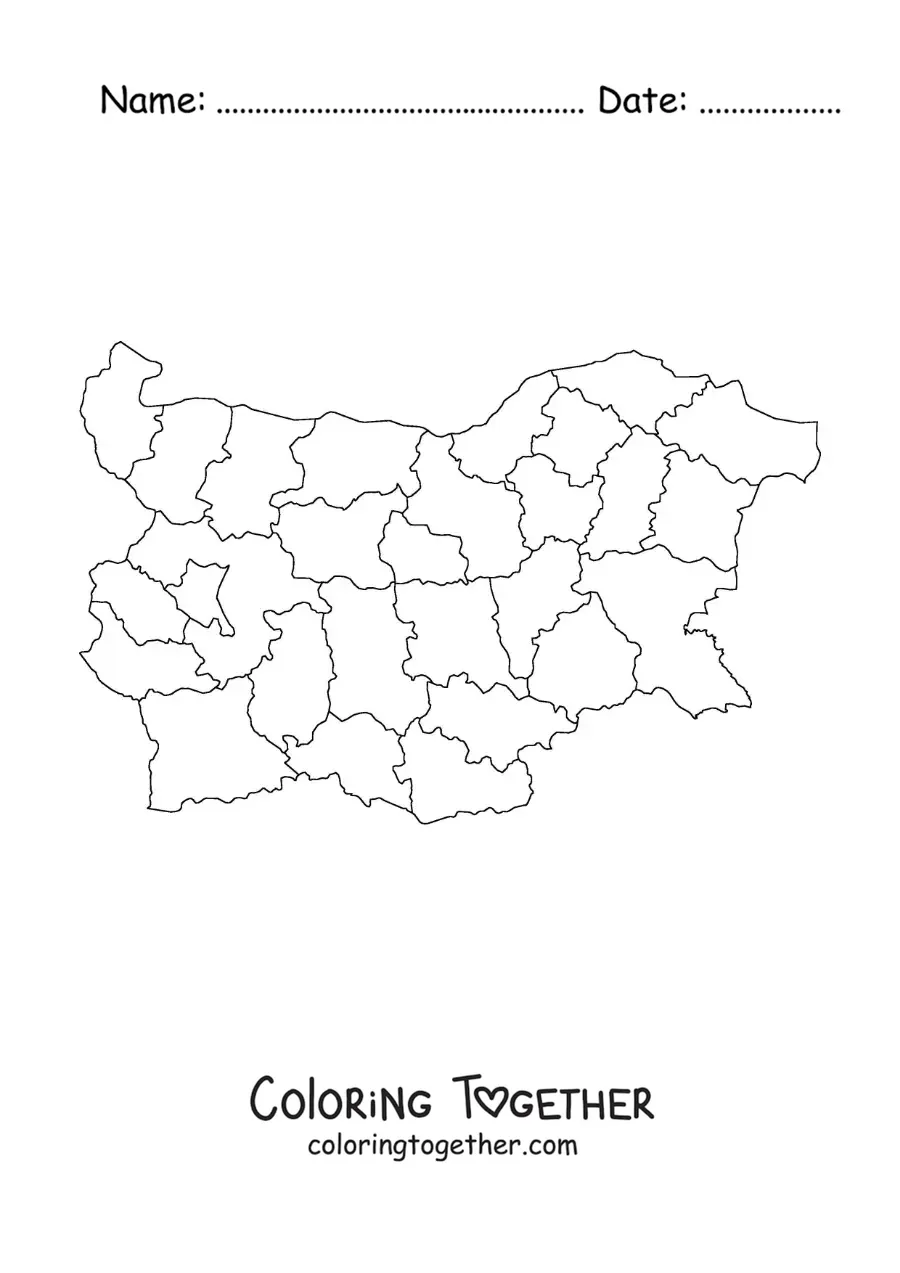 Coloring page of a political map of Bulgaria