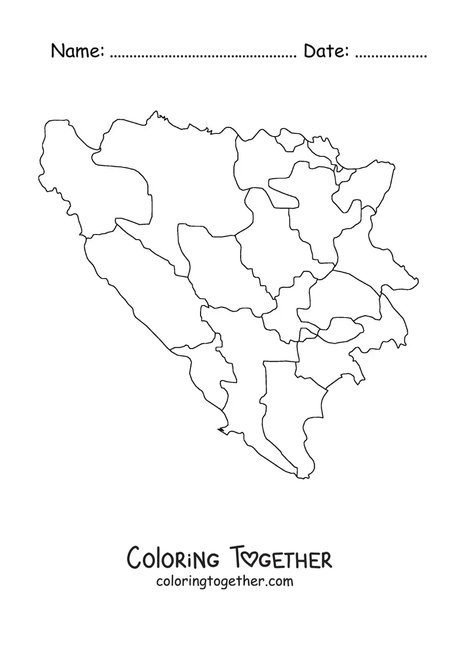 Coloring page of a political map of Bosnia and Herzegovina