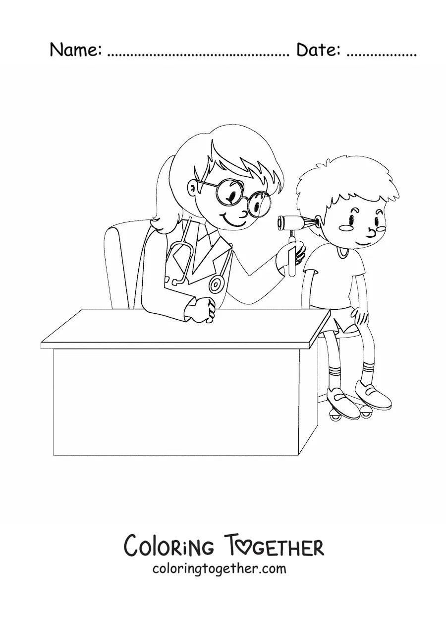 Coloring page of a pediatrician checking a boy's ear in the office