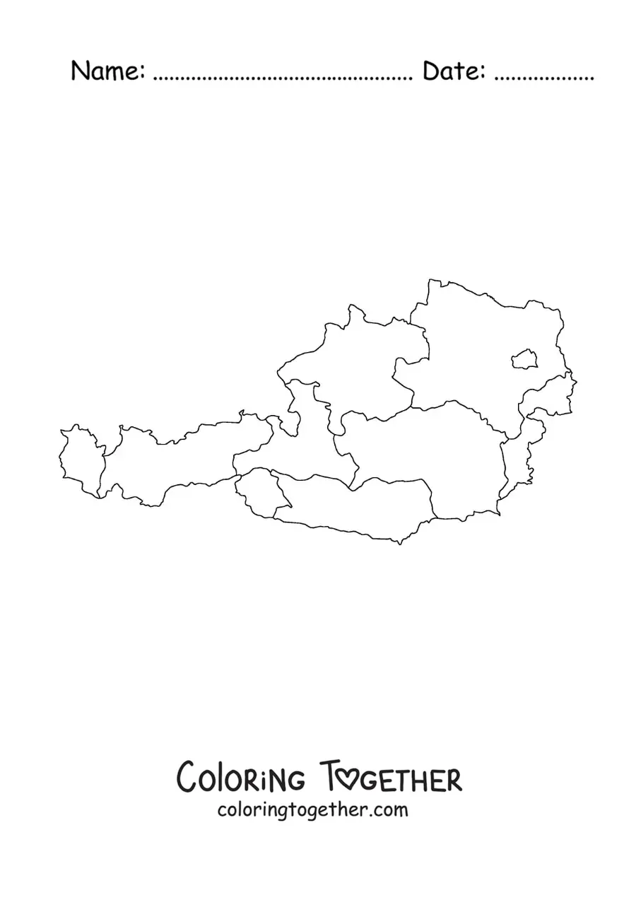 Coloring page of a political map of Austria