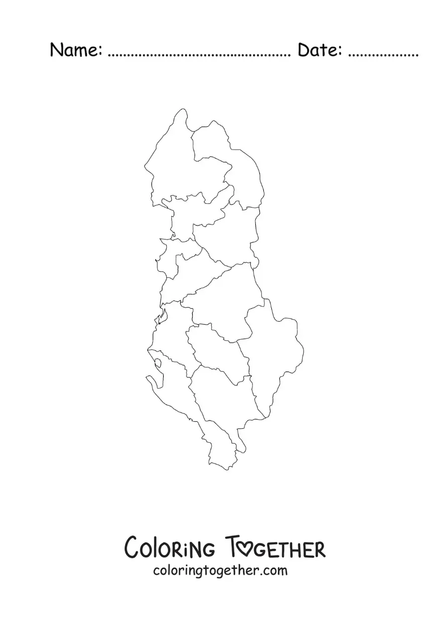 Coloring page of a political map of Albania