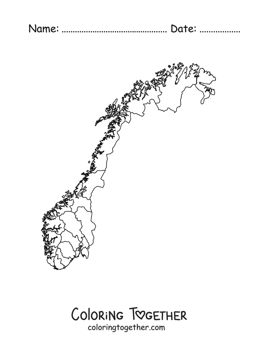 Coloring page of a political map of Norway