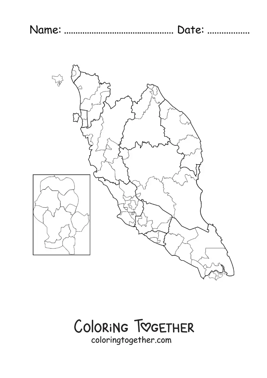 Coloring page of a political map of Malaysia