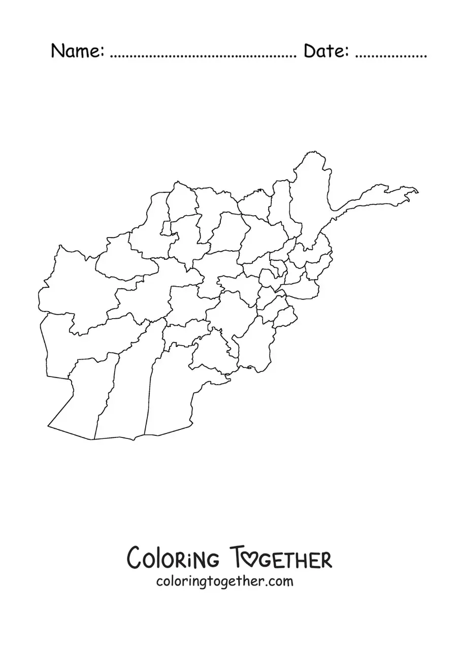 Coloring page of a political map of Afghanistan
