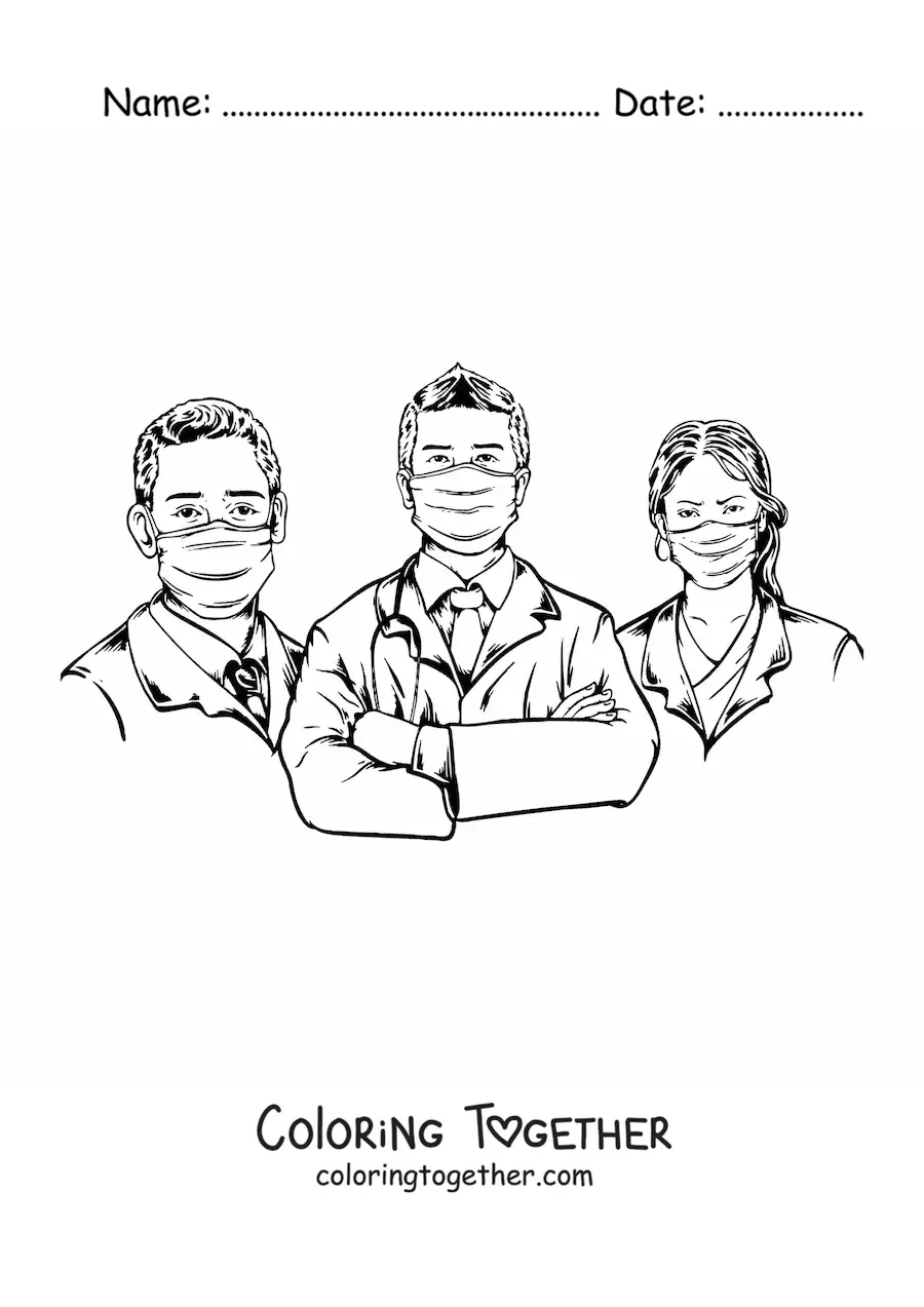 Coloring page of three doctors wearing face masks