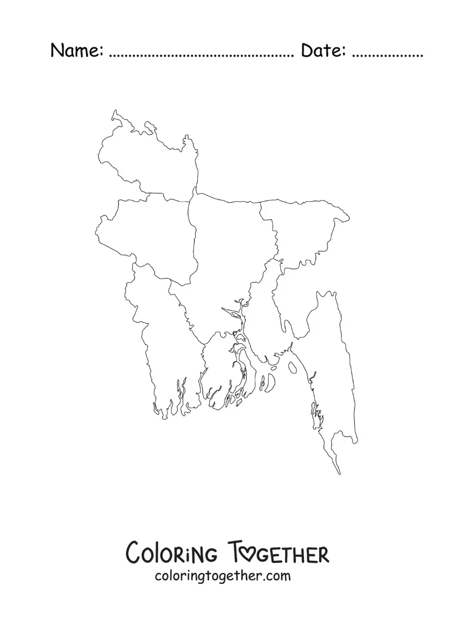 Coloring page of a political map of Bangladesh