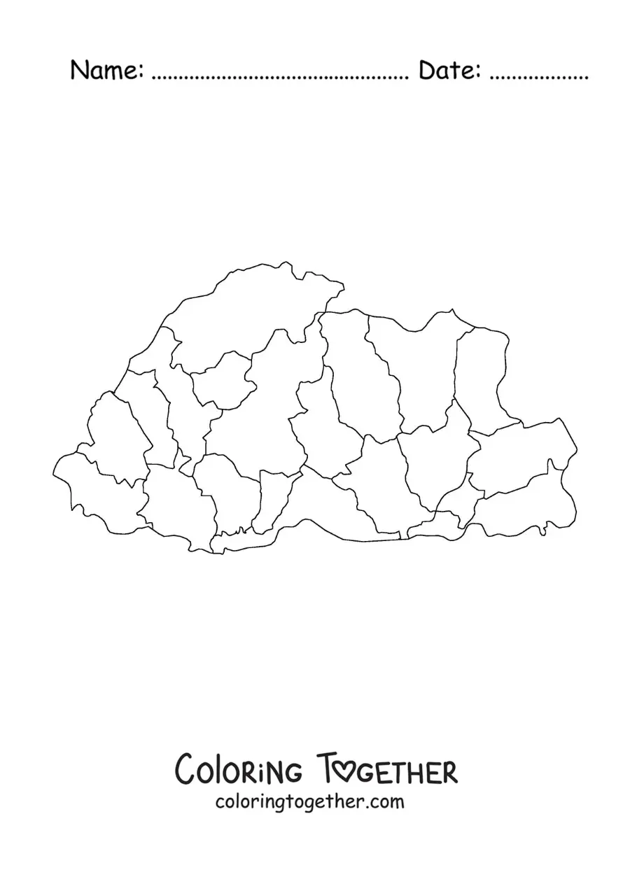 Coloring page of a political map of Bhutan