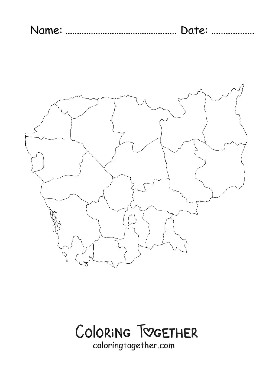 Coloring page of a political map of Cambodia