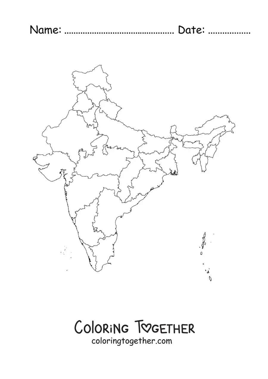 Coloring page of a political map of India
