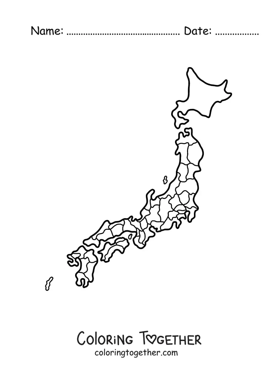 Coloring page of a political map of Japan