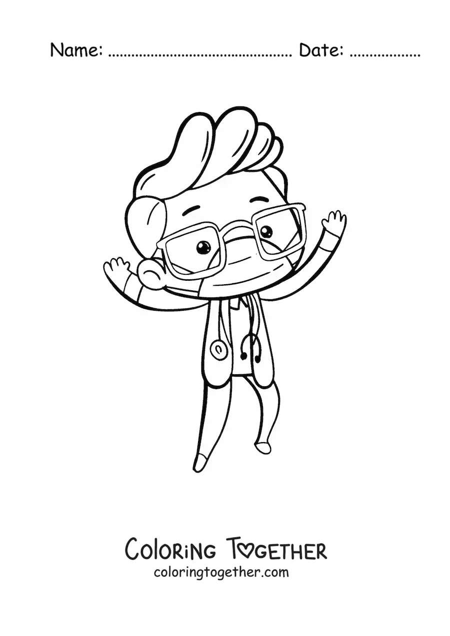 Coloring page of a kawaii doctor in uniform with a stethoscope