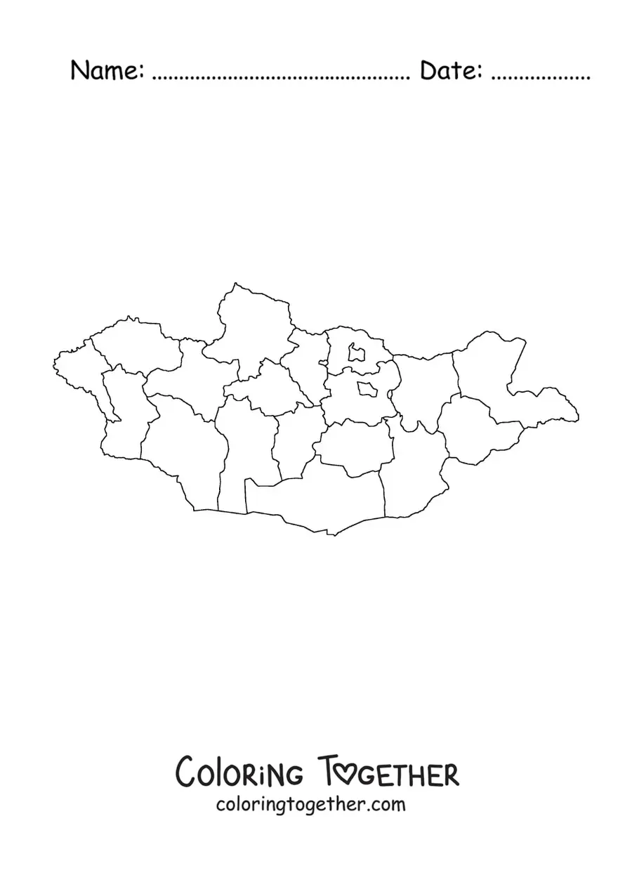Coloring page of a political map of Mongolia