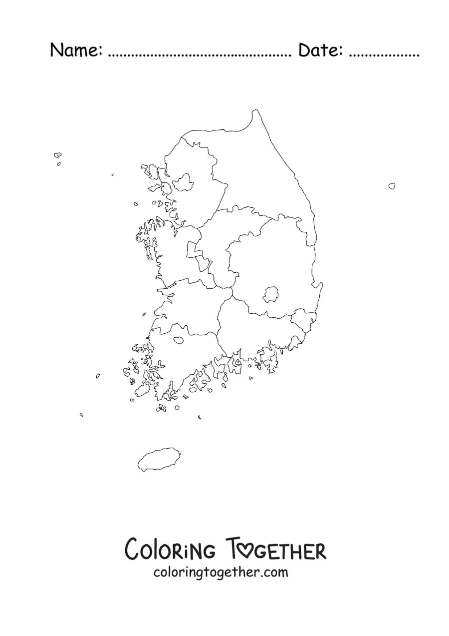 Coloring page of a political map of South Korea