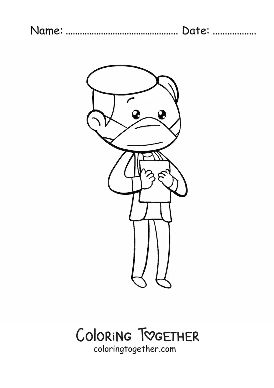 Coloring page of a cartoon kawaii doctor with a face mask