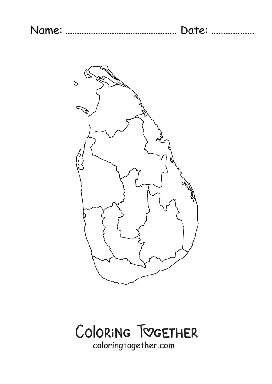 Coloring page of a political map of Sri Lanka