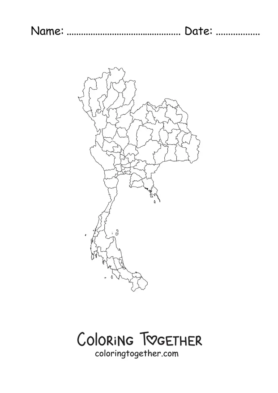Coloring page of a political map of Thailand
