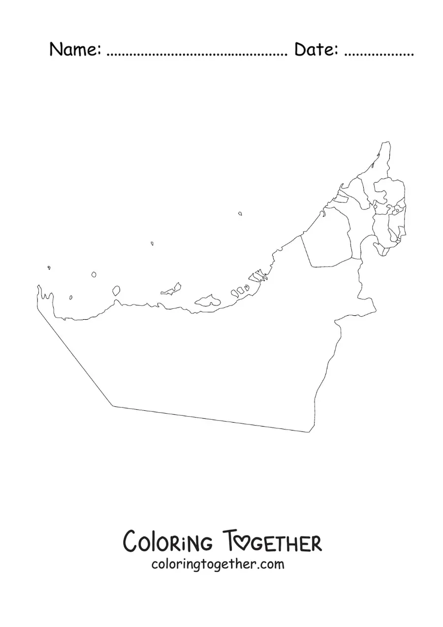 Coloring page of a political map of the United Arab Emirates