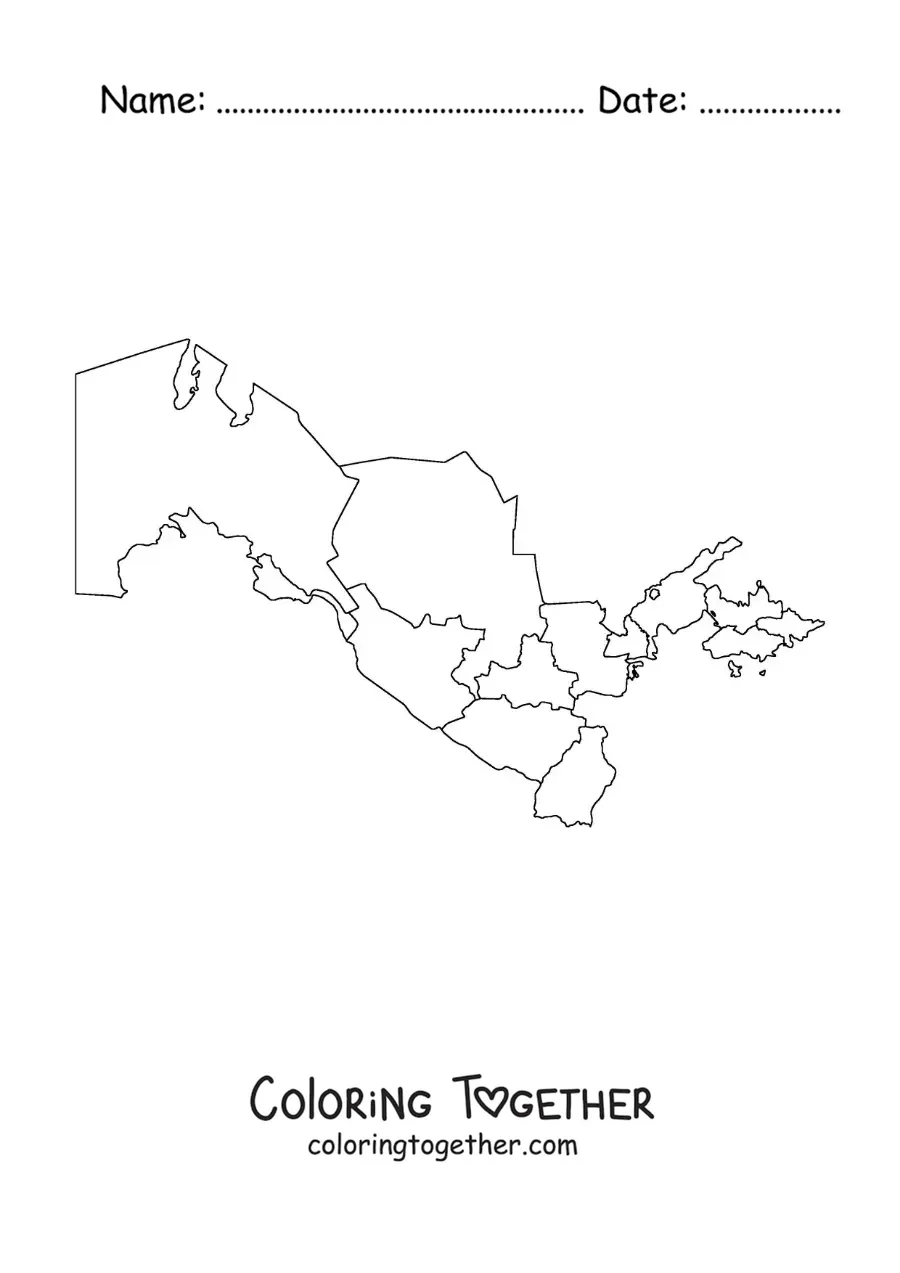 Coloring page of a political map of Uzbekistan