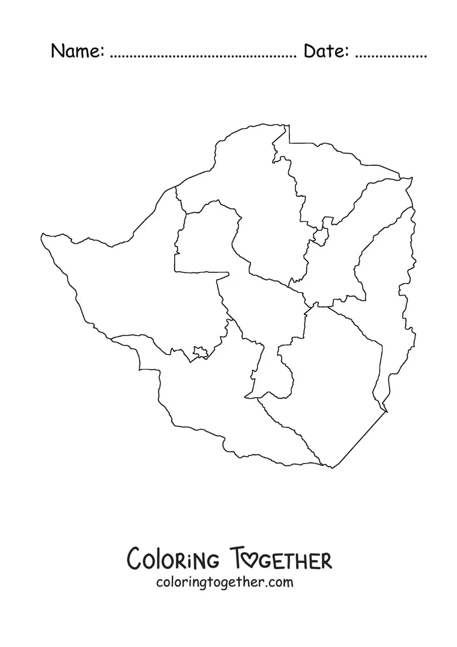 Coloring page of a political map of Zimbabwe
