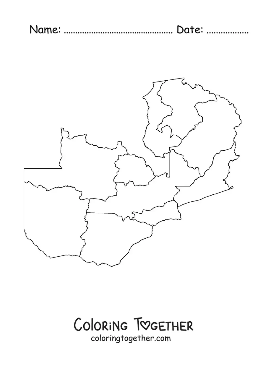 Coloring page of a political map of Zambia