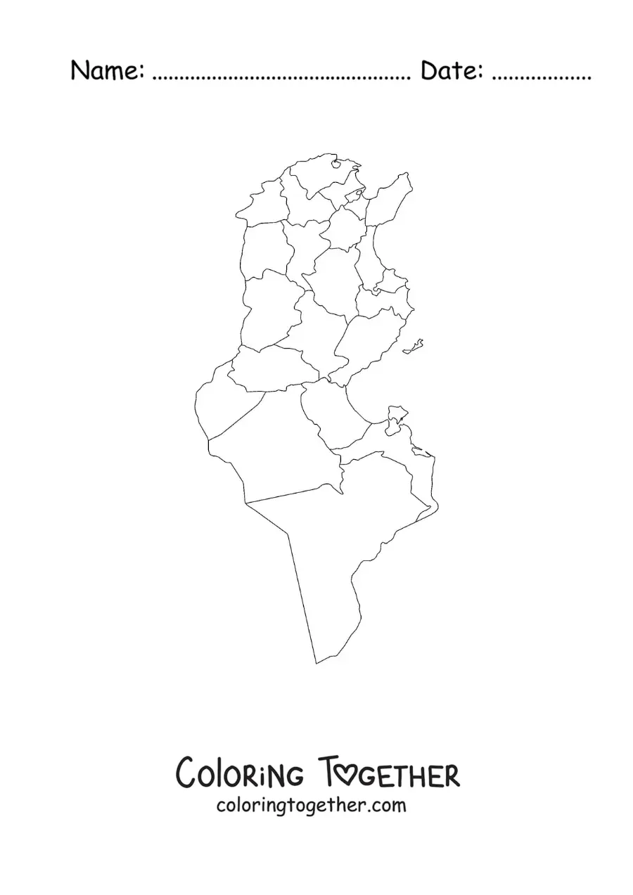 Coloring page of a political map of Tunisia