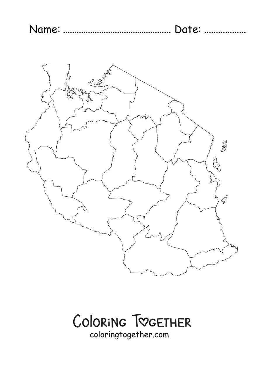 Coloring page of a political map of Tanzania