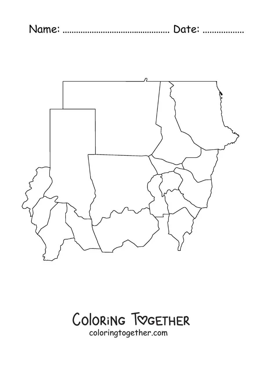 Coloring page of a political map of Sudan