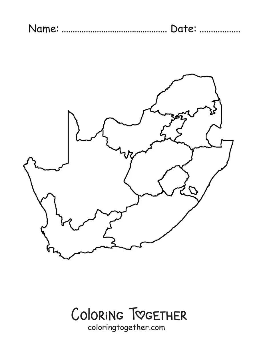 Coloring page of a political map of South Africa