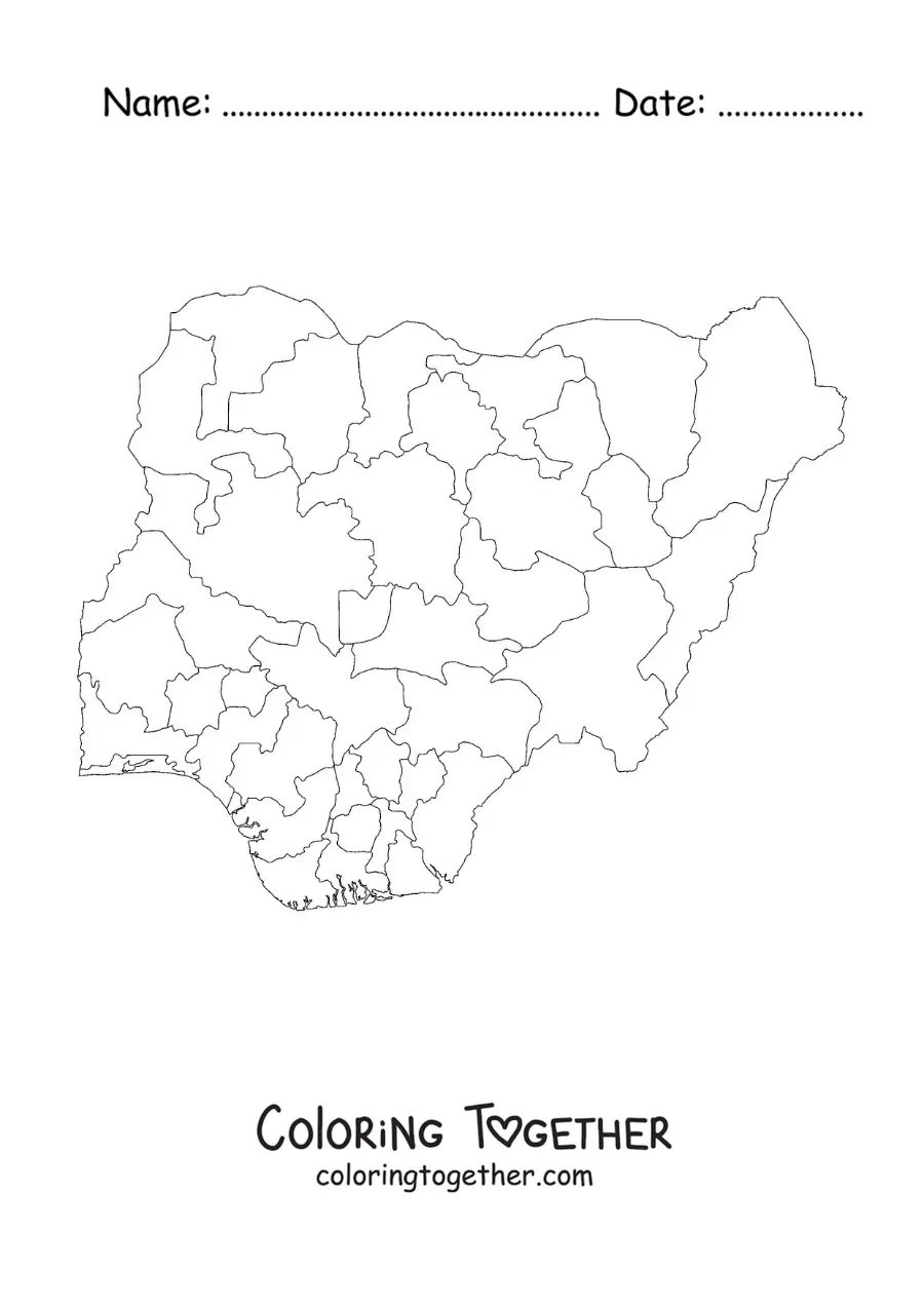 Coloring page of a political map of Nigeria