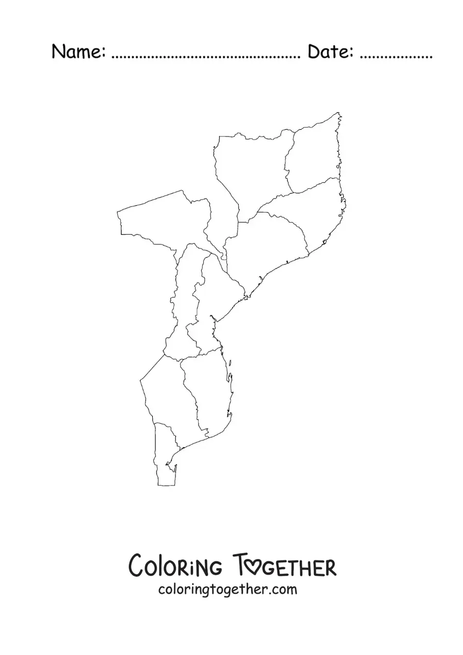 Coloring page of a political map of Mozambique