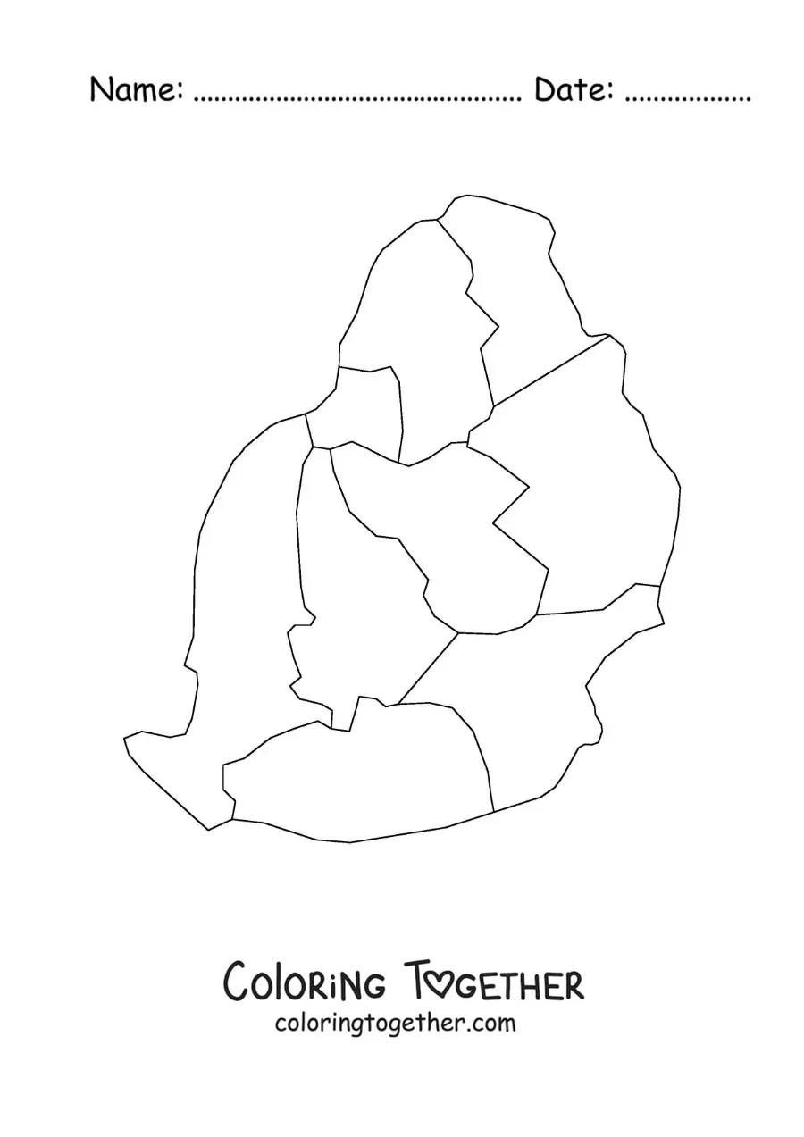 Coloring page of a political map of Mauritius